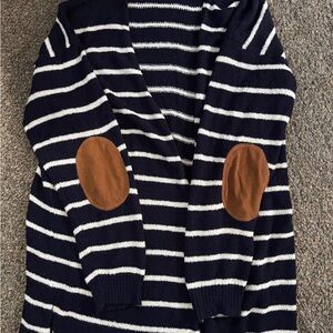 Striped Navy and White Cardigan with Brown Elbow Patches